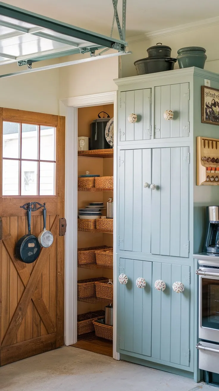 This kitchen garage cleverly conceals appliances, maximizing space in this charming farmhouse kitchen design. The light blue kitchen pantry cabinets add a touch of rustic elegance.