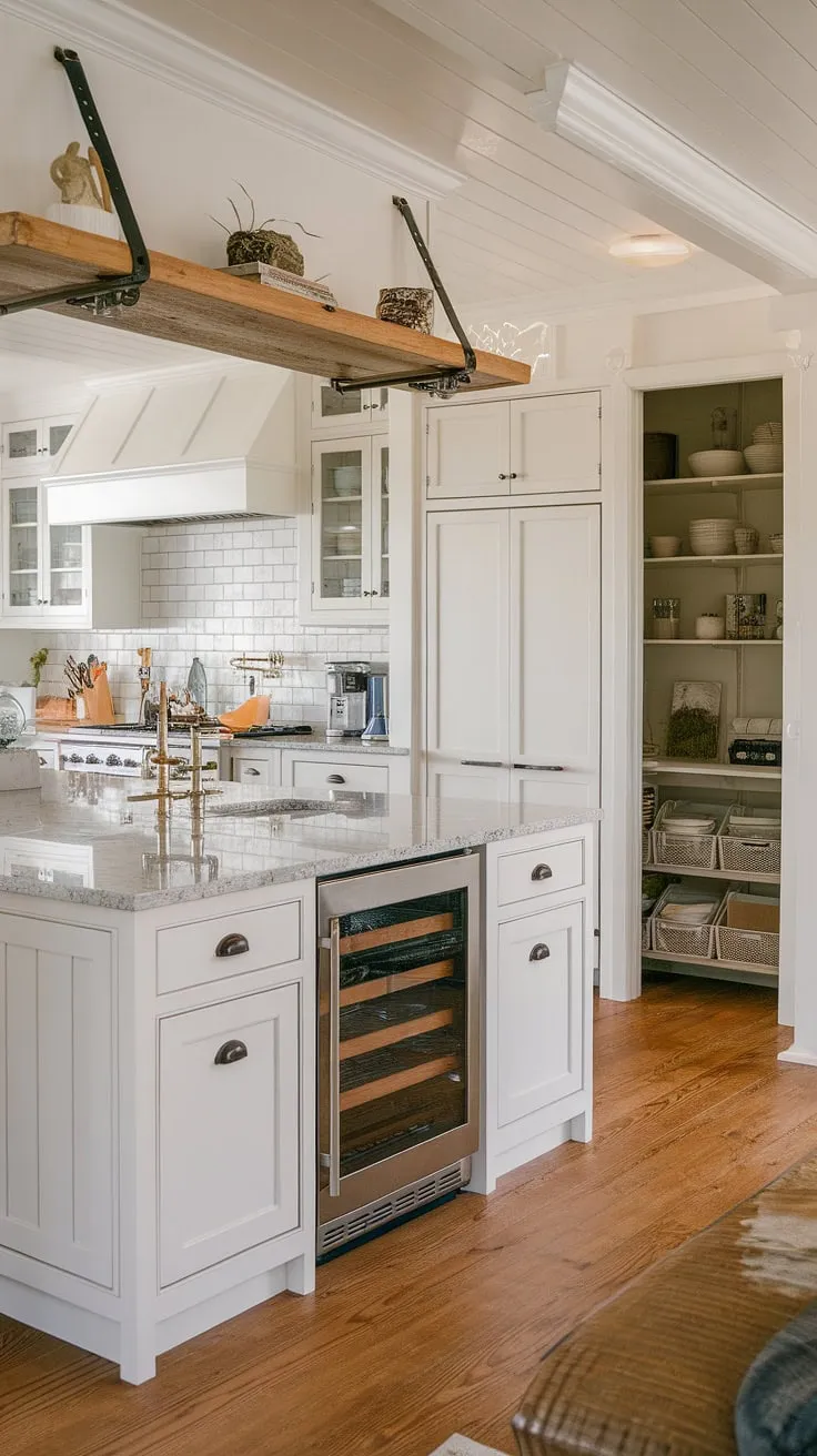 The ultimate dream kitchen: a stunning farmhouse kitchen design featuring a clever kitchen appliance garage for streamlined organization.  The spacious kitchen pantry cabinets and charming wooden shelving above the island complete this beautiful kitchen interior design.  Note the thoughtful use of a kitchen garage to keep appliances tucked away.