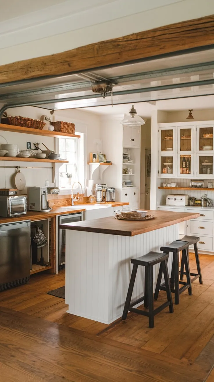 The perfect blend of form and function: this kitchen interior design boasts a stunning farmhouse aesthetic, complete with a practical kitchen garage and thoughtfully designed kitchen pantry cabinets.  The appliance garage keeps small appliances neatly tucked away, enhancing the overall rustic appeal of this dream kitchen.