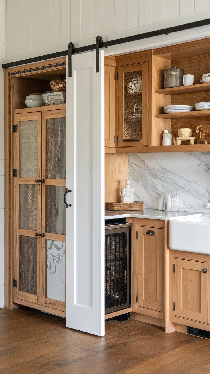 This farmhouse kitchen design seamlessly integrates a clever kitchen appliance garage, concealing everyday appliances behind a pristine white door. Warm wood cabinets, a marble countertop, and a farmhouse sink complete the charming aesthetic, while ample kitchen pantry cabinets offer practical storage solutions within this thoughtfully designed space. The wood flooring adds to the rustic charm.