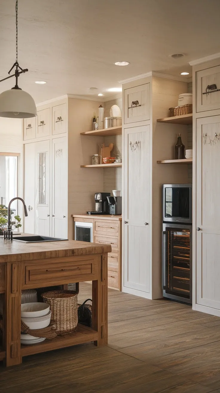 Farmhouse kitchen design perfection: A hidden kitchen appliance garage keeps countertops clear while ample kitchen pantry cabinets offer generous storage.
