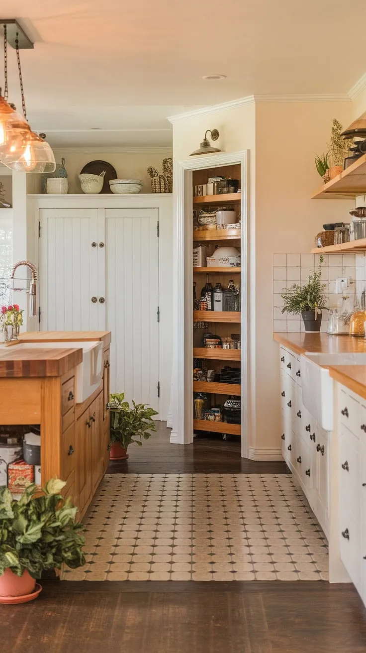 This stunning kitchen interior design seamlessly blends farmhouse style with modern practicality. A dedicated appliance garage, cleverly integrated into the layout next to the kitchen pantry cabinets, provides ample storage for larger kitchen appliances. The kitchen boasts a beautiful wooden island, a farmhouse sink, and a black and white checkered floor, all bathed in warm, inviting light. This innovative kitchen garage solution is a testament to thoughtful farmhouse kitchen design.