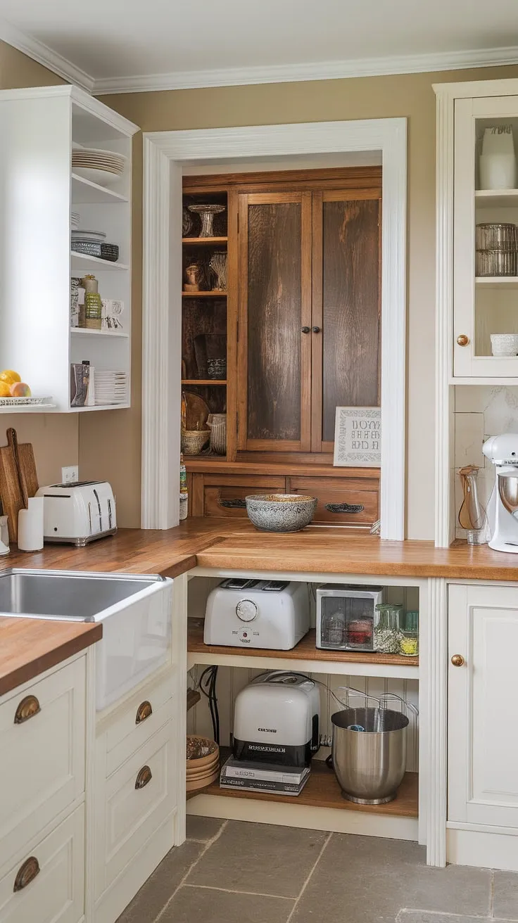 This farmhouse kitchen design seamlessly blends rustic charm with modern convenience.  The clever addition of a kitchen garage, or appliance garage, keeps countertops clutter-free while the kitchen pantry cabinets offer ample storage.  The warm wood countertops and beige walls create a welcoming atmosphere.