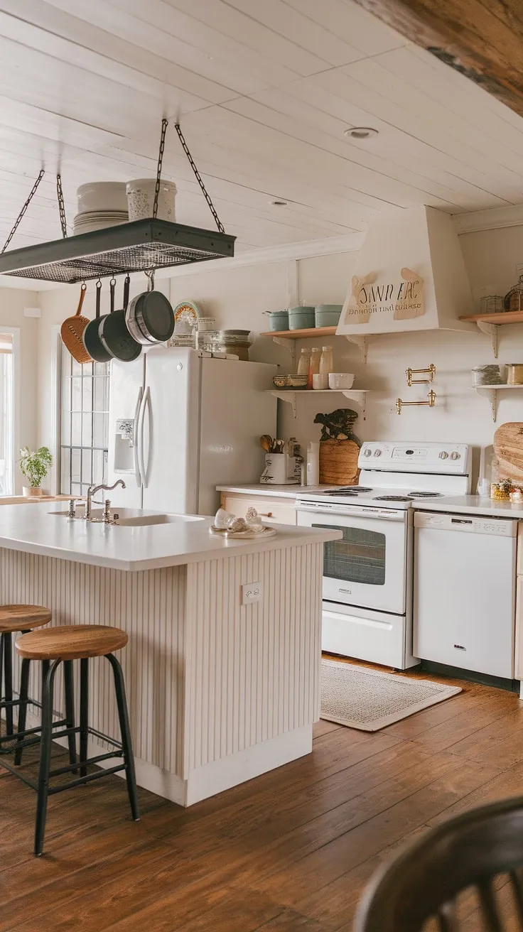 The heart of the home: a farmhouse kitchen design boasting a spacious island, a convenient kitchen garage for appliances, and stylish kitchen pantry cabinets.  This kitchen interior design masterfully balances functionality with rustic elegance, creating a space that's both beautiful and efficient.