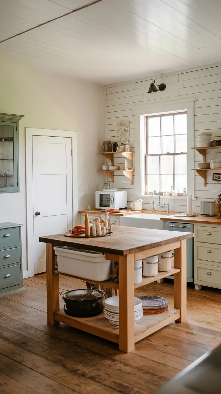 This farmhouse kitchen design seamlessly blends rustic charm with modern convenience.  The spacious island, complete with a built-in appliance garage, keeps countertops clutter-free, while the ample kitchen pantry cabinets and dedicated kitchen garage provide generous storage.  The warm wood floors and inviting window add to the overall cozy atmosphere.