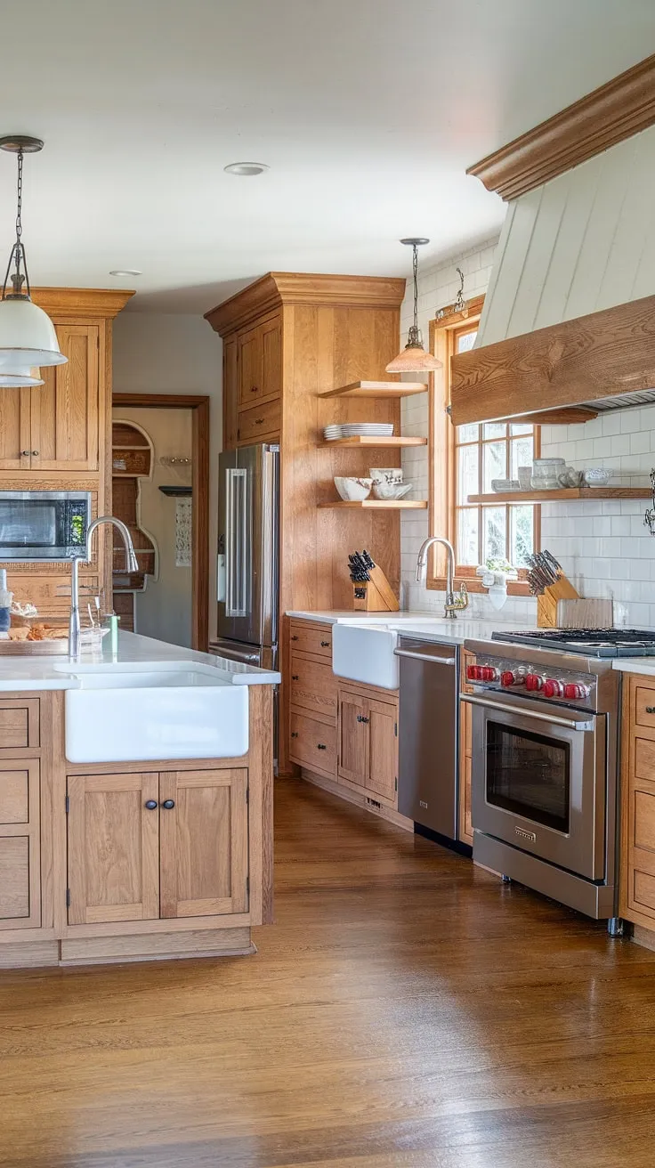 Farmhouse kitchen design dreams come true with this stunning kitchen appliance garage, keeping everything organized and stylish. The kitchen pantry cabinets and ample island complete this perfect kitchen interior design.