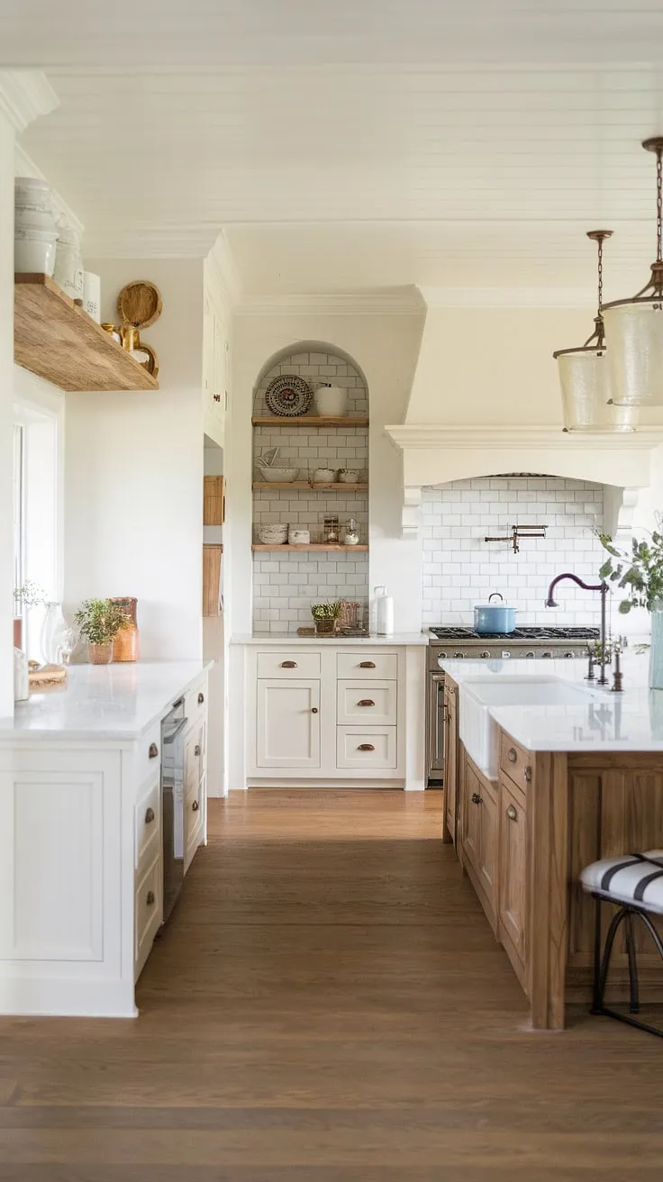 This farmhouse kitchen design boasts a stunning white color scheme accented by warm wood tones. The clever incorporation of a kitchen appliance garage and a dedicated kitchen pantry maximizes storage, while the large island with integrated sink and dishwasher provides ample workspace. The overall design is both functional and aesthetically pleasing, showcasing the seamless blend of modern convenience and rustic charm.