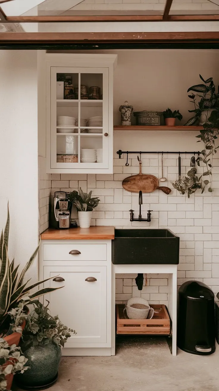 This charming farmhouse kitchen design boasts a practical kitchen appliance garage, seamlessly blending functionality with style. White kitchen pantry cabinets with glass doors offer ample storage, complemented by a warm wooden countertop and a black farmhouse sink. The thoughtful inclusion of a kitchen garage, or appliance garage, maximizes space and minimizes clutter, creating a welcoming and efficient kitchen interior design. A few potted plants add a touch of greenery to complete the look.