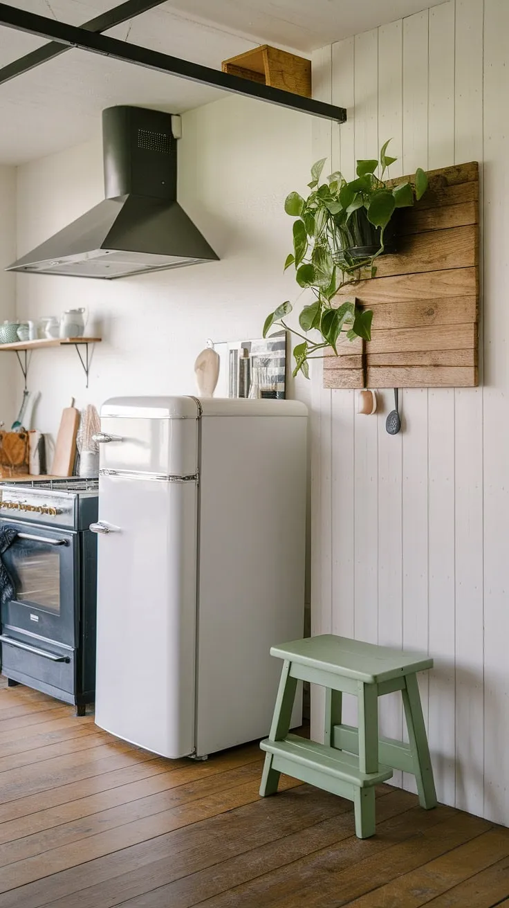 This farmhouse kitchen design cleverly incorporates a kitchen appliance garage, keeping the countertops clutter-free. The white fridge and black oven are tucked neatly away, showcasing a seamless blend of functionality and style. A green stool sits invitingly near the fridge, while a wooden plank adds rustic charm to the wall, complementing the kitchen pantry cabinets and overall kitchen interior design. The wood flooring and simple hooks complete the look.