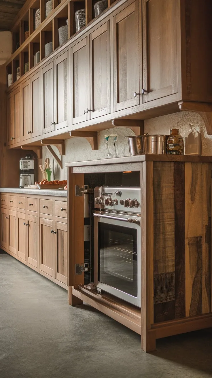 Warm wood tones and rustic charm define this farmhouse kitchen design. A cleverly designed kitchen appliance garage keeps countertops clear, while ample kitchen pantry cabinets provide generous storage above. The concrete floor adds to the overall aesthetic of this functional and stylish kitchen interior design.