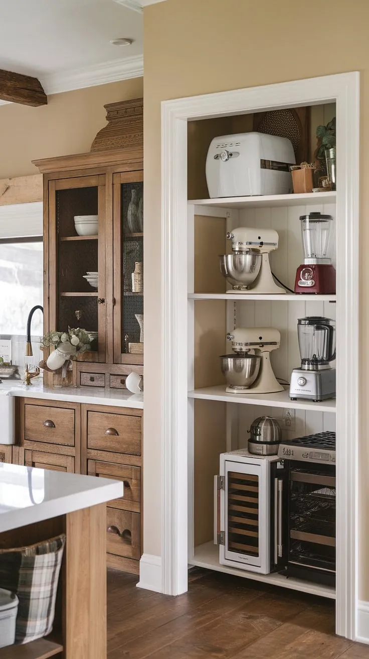 Say goodbye to countertop clutter! This farmhouse kitchen design features a clever kitchen appliance garage, complete with kitchen pantry cabinets, offering seamless storage and a stunning kitchen interior design.