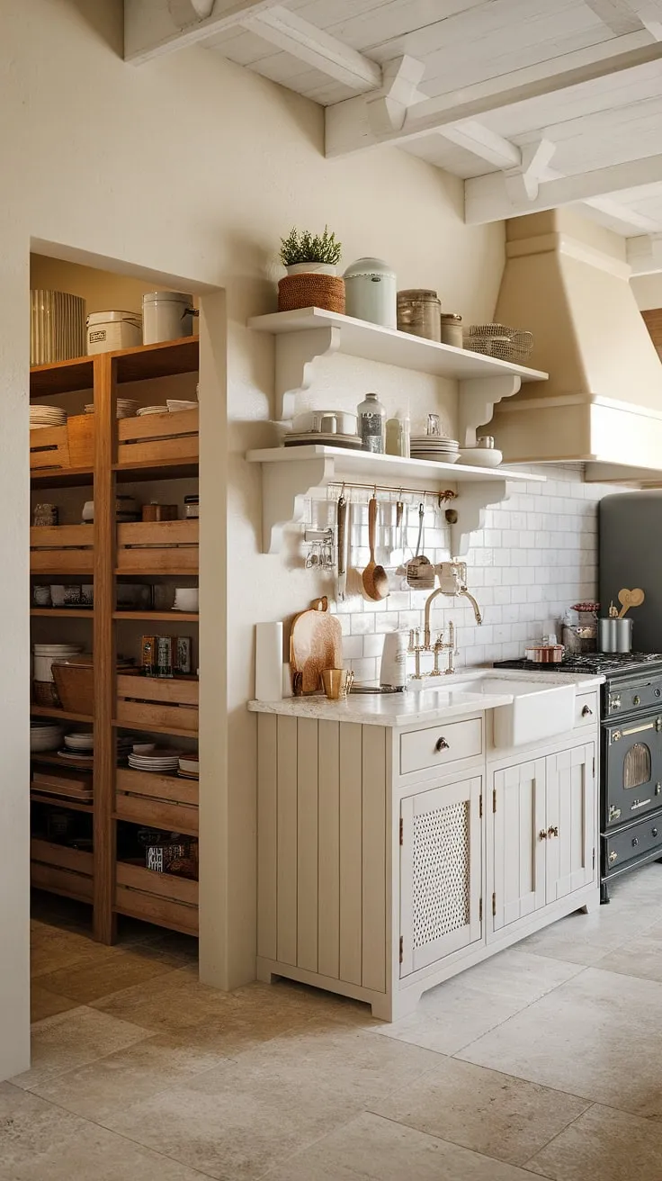 This farmhouse kitchen design boasts a stunning kitchen garage, maximizing space and style with integrated kitchen pantry cabinets and a dedicated appliance garage for a clutter-free kitchen interior design.