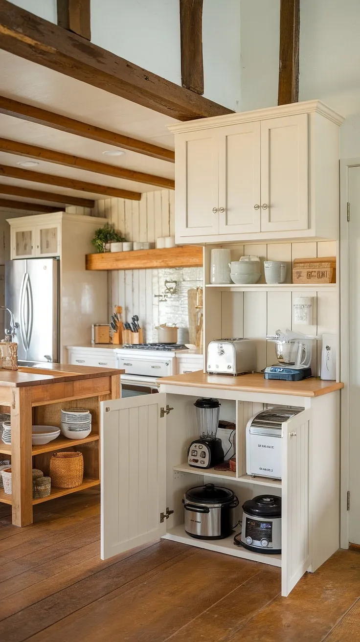 Farmhouse kitchen design perfection! A dedicated kitchen appliance garage, complete with upper cabinets, keeps appliances neatly tucked away while maintaining a clean and spacious feel. The ultimate kitchen garage solution.