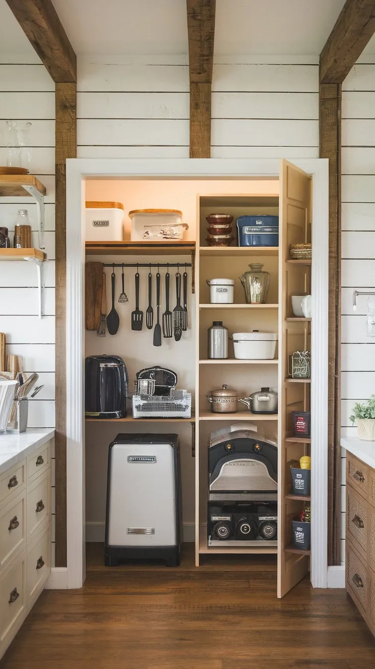 Step into this charming farmhouse kitchen design, where a dedicated kitchen garage cleverly conceals all your appliances and utensils, keeping the main space clutter-free.  The thoughtfully designed kitchen pantry cabinets and ample shelving provide additional storage, maximizing functionality in this rustic yet elegant setting.