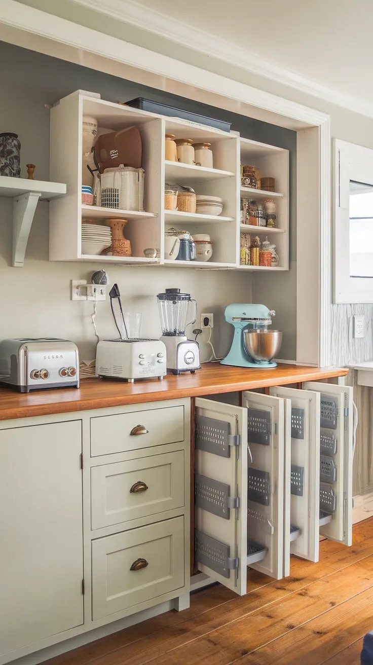 This farmhouse kitchen design cleverly incorporates a kitchen garage, solving the age-old problem of appliance storage.  The kitchen appliance garage keeps the kitchen countertops clear and organized, while the kitchen pantry cabinets provide ample storage for dry goods.  A perfect blend of practicality and charm.