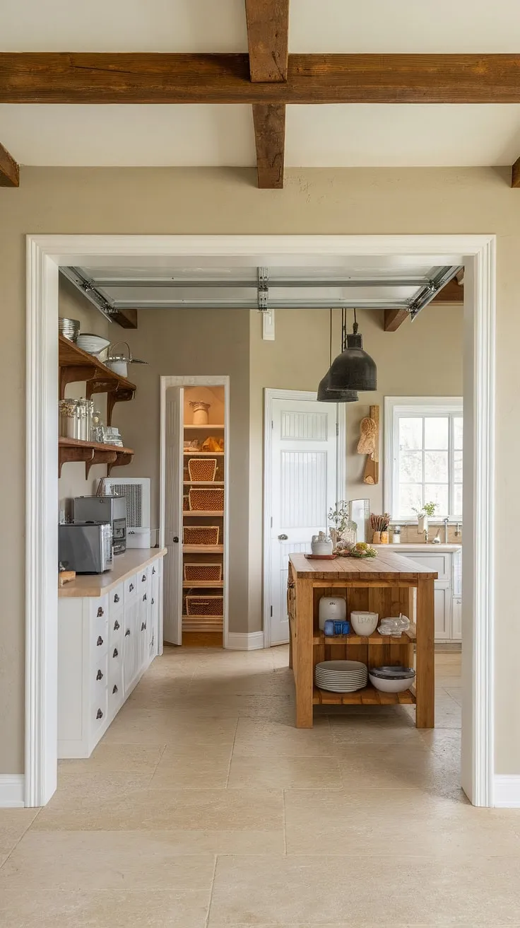 This farmhouse kitchen design cleverly incorporates a dedicated kitchen appliance garage, complete with ample shelving and kitchen pantry cabinets, keeping countertops clutter-free. The seamless transition between the main kitchen and the organized appliance garage showcases smart kitchen interior design.
