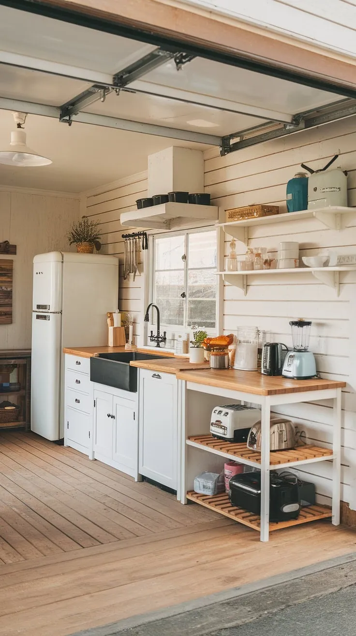 This kitchen garage cleverly integrates appliance storage, showcasing a stunning farmhouse kitchen design with ample space and thoughtful kitchen interior design.