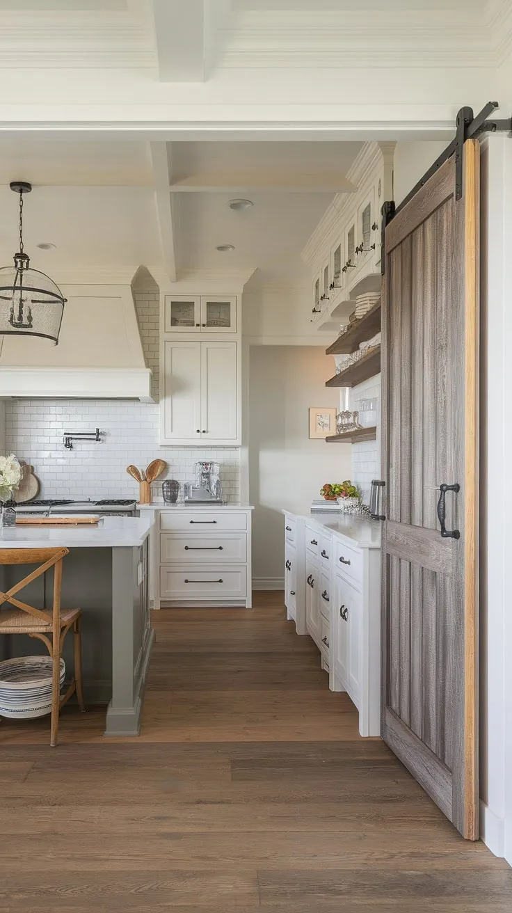 A stunning example of farmhouse kitchen design, this kitchen features a practical kitchen appliance garage cleverly integrated into the layout. The rustic wood door of the appliance garage adds character, while the white cabinetry and kitchen pantry cabinets provide a clean, bright aesthetic. The large island and warm wood floors complete this inviting kitchen interior design.