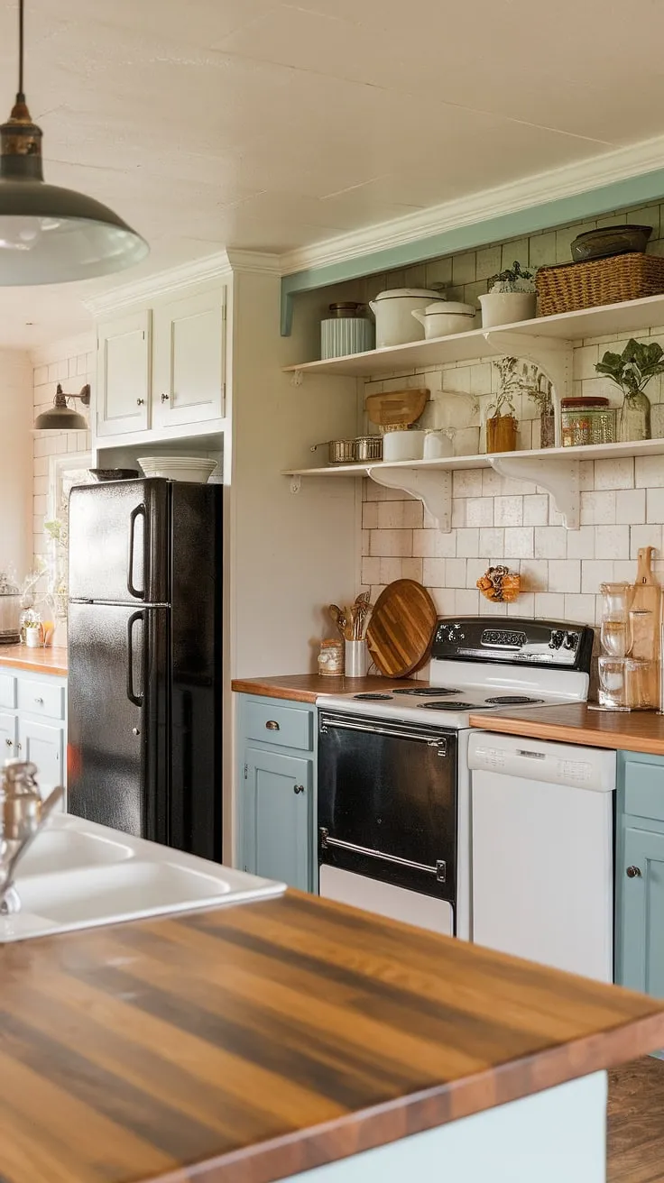 Organized farmhouse charm meets modern convenience: this kitchen garage and appliance garage keep everything tucked away, showcasing the beautiful kitchen pantry cabinets and stunning kitchen interior design.