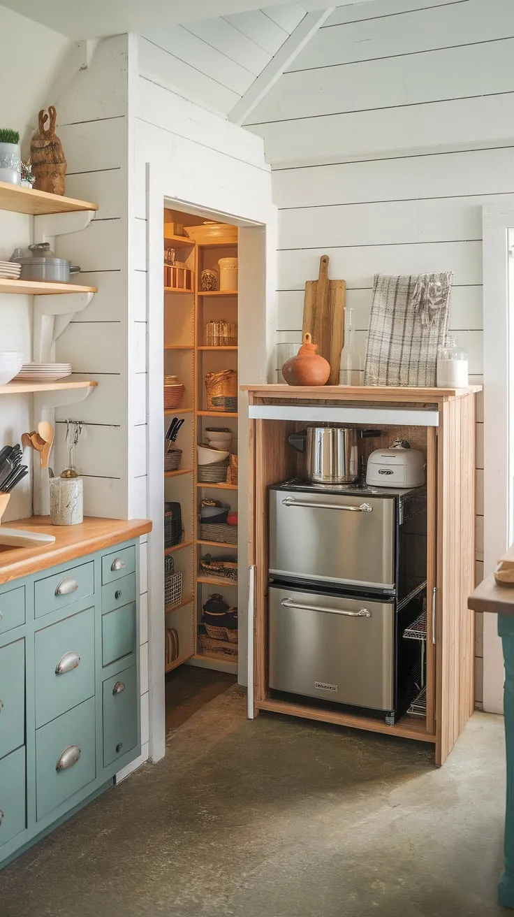 Organized farmhouse charm: This kitchen appliance garage keeps everything tidy, complementing the kitchen pantry cabinets and overall kitchen interior design. The perfect blend of functionality and farmhouse kitchen design.