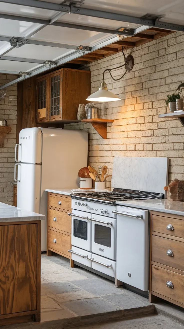 This farmhouse kitchen design cleverly incorporates a kitchen appliance garage, seamlessly integrating the refrigerator, range cooktop, and dishwasher into a dedicated space. The exposed brick wall adds rustic charm, complementing the warm wood of the kitchen pantry cabinets and the sleek marble countertops. The stone floor and elegant light fixture complete this stunning kitchen interior design.