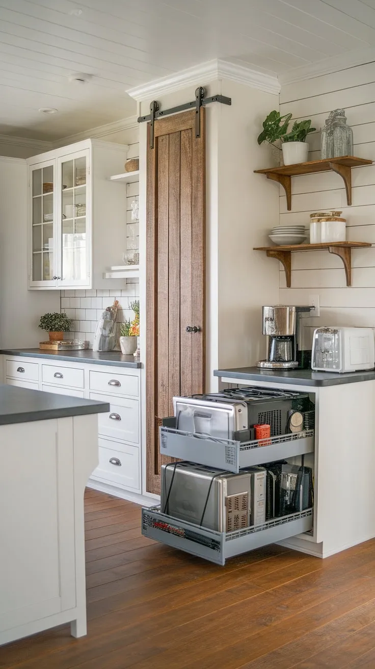 Streamline your farmhouse kitchen design with a stylish kitchen appliance garage. This kitchen appliance garage cleverly conceals appliances, leaving your white cabinets and island gleaming. The perfect blend of functionality and charm.