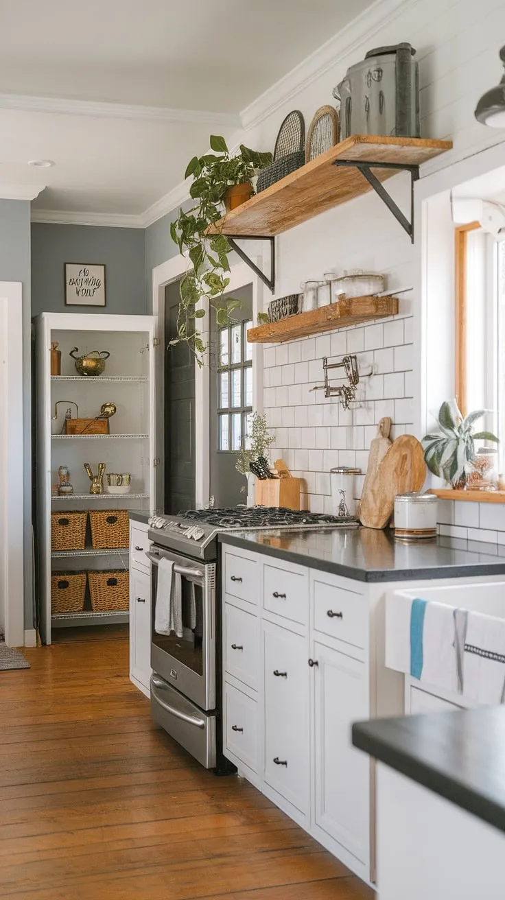 Farmhouse charm meets modern functionality in this kitchen interior design. The built-in kitchen garage, aka appliance garage, and well-designed kitchen pantry cabinets maximize space and style, creating the perfect blend of rustic and refined.