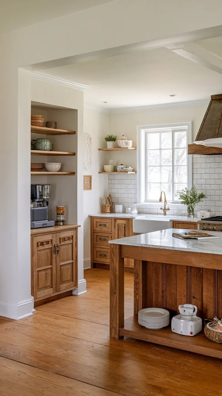 This farmhouse kitchen design seamlessly integrates a dedicated kitchen appliance garage, keeping countertops clutter-free while maximizing storage with ample kitchen pantry cabinets. The clever use of space elevates this kitchen interior design to a new level of functionality and style.
