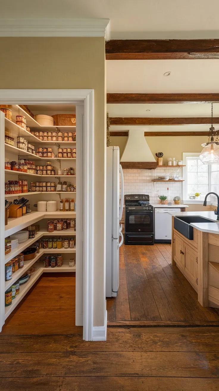 The heart of the home: a warm and inviting farmhouse kitchen featuring a generous kitchen pantry and a clever appliance garage. This kitchen appliance garage solution, along with the thoughtfully designed kitchen pantry cabinets, exemplifies smart kitchen interior design in a rustic setting.