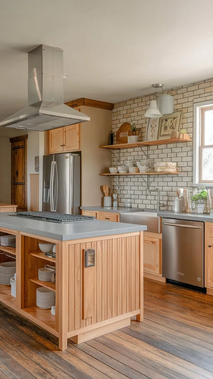 The heart of the home: a stunning farmhouse kitchen design featuring a practical appliance garage and generous kitchen pantry cabinets.  This kitchen interior design masterfully balances style and functionality, showcasing the beauty of exposed brick and the warmth of wood.  The kitchen appliance garage is a game-changer!