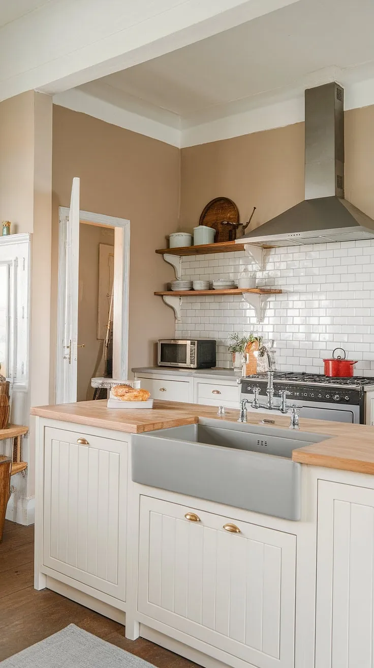 This farmhouse kitchen design seamlessly blends practicality and style.  The clever use of a kitchen appliance garage and ample kitchen pantry cabinets keeps countertops clutter-free, while the grey sink and stainless steel range hood add a touch of modern elegance.  The adjacent kitchen garage provides extra storage, completing this dream space.