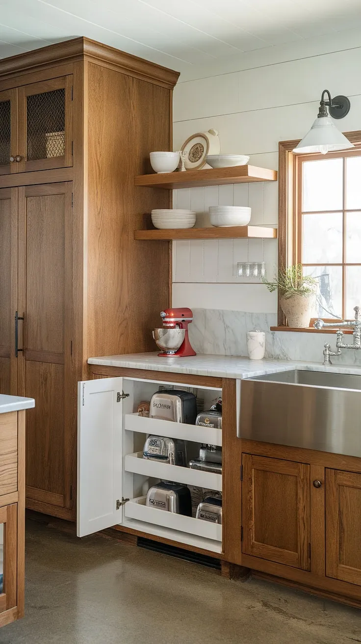 This charming laundry mudroom entryway, a perfect blend of vintage appeal and practical design, offers clever boot room ideas and small mudroom ideas in one space.  The utility boot room maximizes storage with wooden shelves and a bench concealing extra space, making it an ideal utility room design for even the smallest homes.  A mud laundry room remodel like this transforms a simple entry mudroom into a functional and stylish heart of the home.