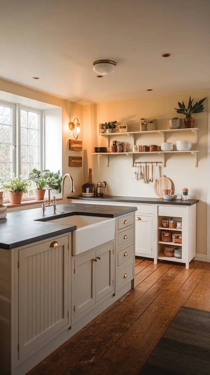 Warm lighting and rustic charm define this farmhouse kitchen design.  The spacious island with its dark grey countertop and integrated white sink anchors the room, while clever kitchen pantry cabinets and a hidden appliance garage keep everything organized and clutter-free.  Potted plants add a touch of life near the window, completing this inviting space.