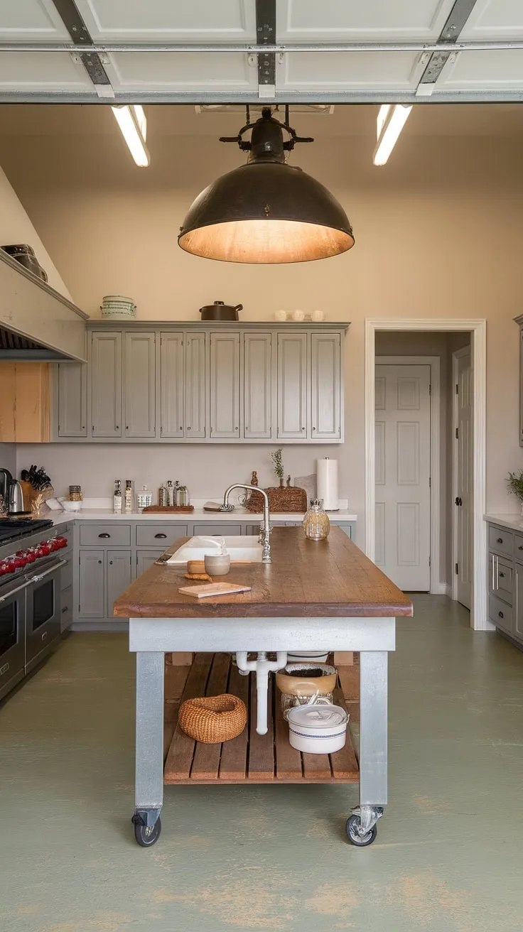 The heart of this home: a stunning farmhouse kitchen design featuring a clever kitchen appliance garage, tucked away yet easily accessible.  The spacious island with its wooden top and steel legs, paired with the thoughtfully designed kitchen pantry cabinets, showcases both practicality and style.  This kitchen interior design is the epitome of functional beauty.