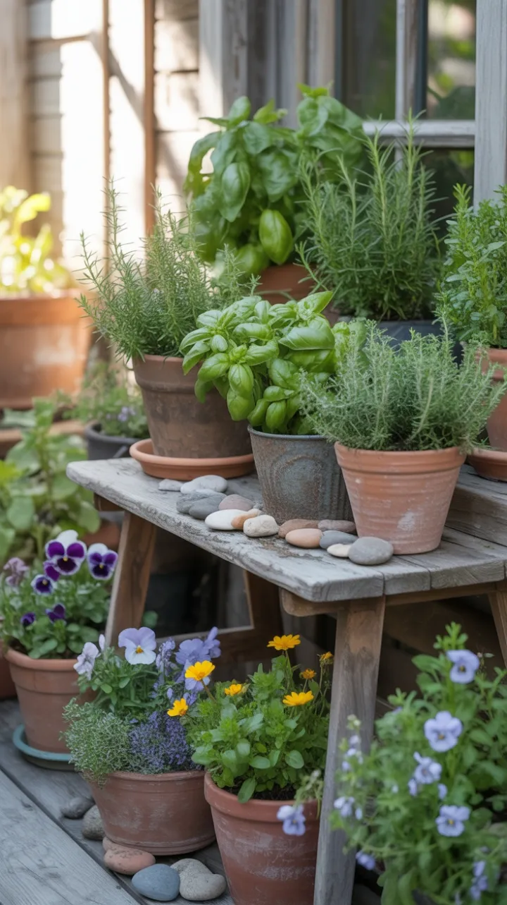 Sunlit Kitchen Herb Garden Overflowing with Rosemary Basil and Calendula