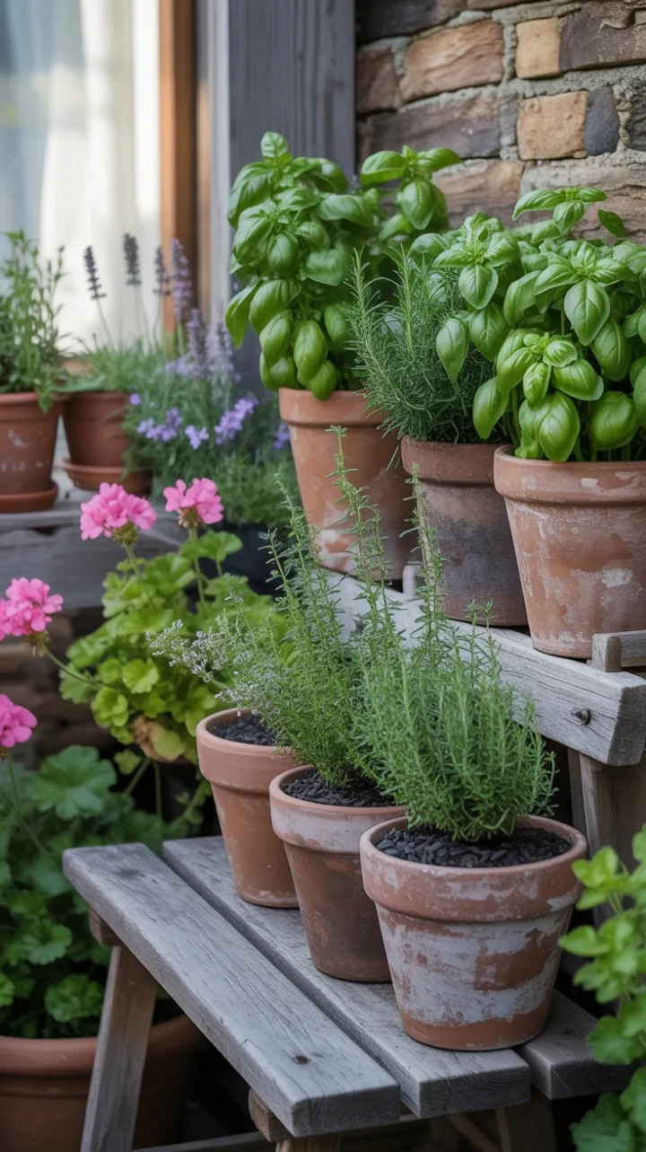 Sunlit Stone Herb Wall with Lush Basil, Lavender and a Cozy Bench