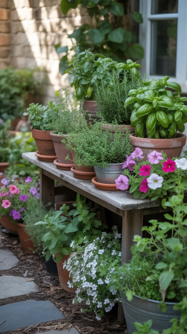 Sunlit Kitchen Herb Table Overflowing with Lush Greens and Blooms