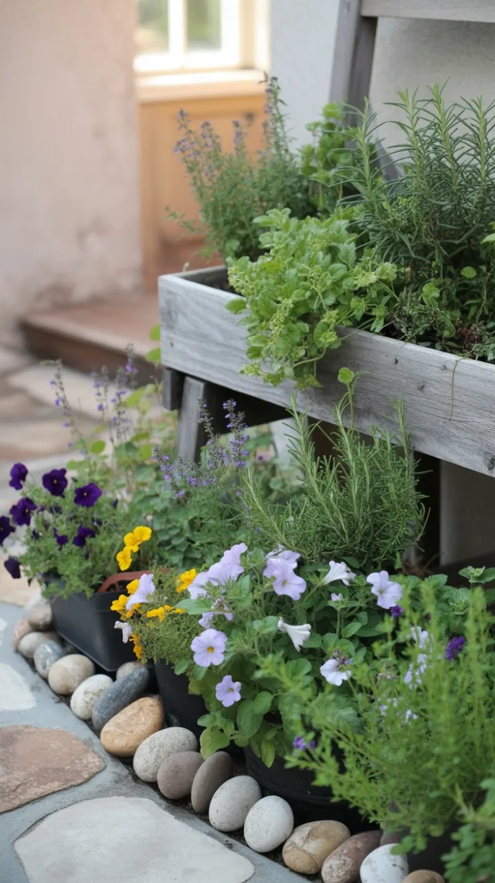 Sunlit Stone Patio with a Rustic Kitchen Herb Garden in Bloom