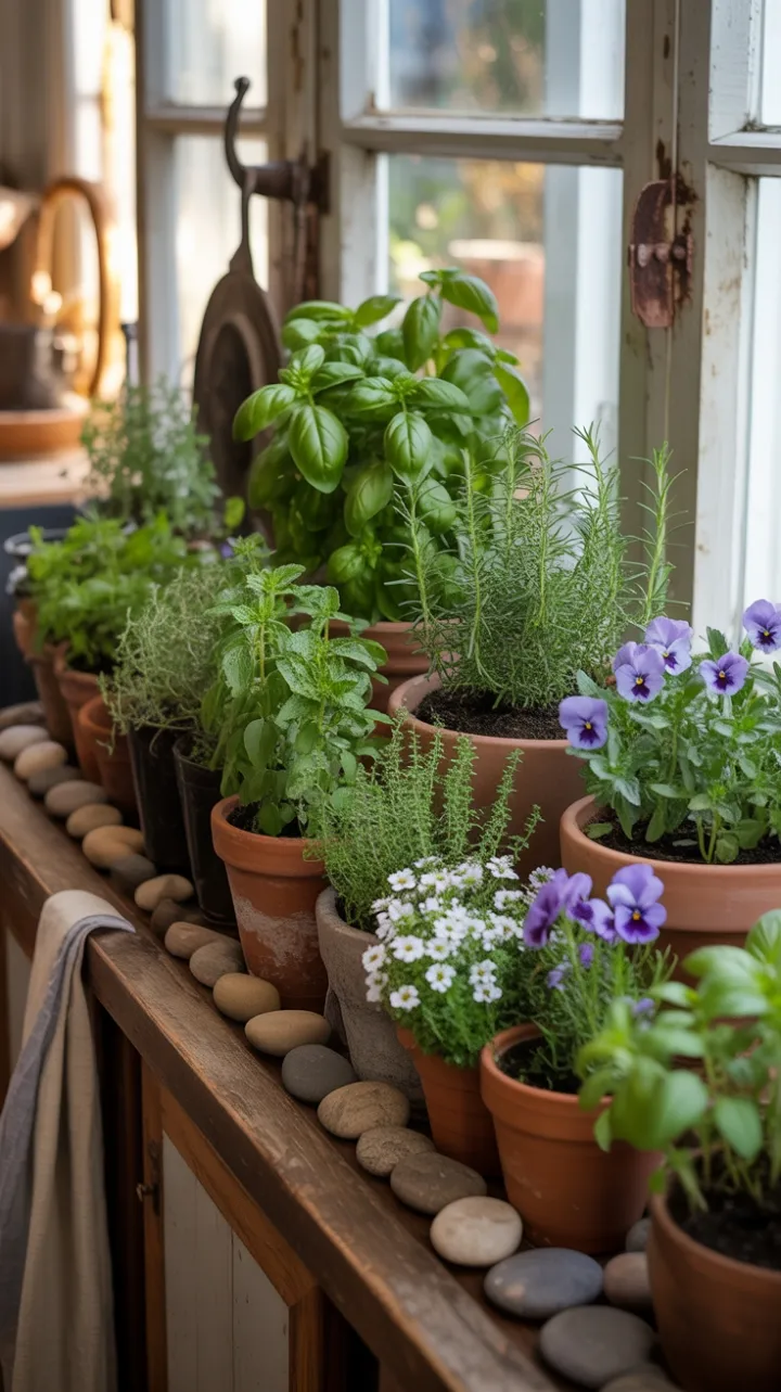 Sunlit Farmhouse Windowsill Brimming with Lush Herbs and Blooms