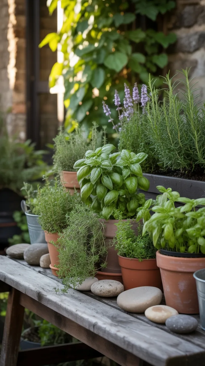 Sun-Drenched Patio Herb Garden with Terracotta Pots and Lavender Glow