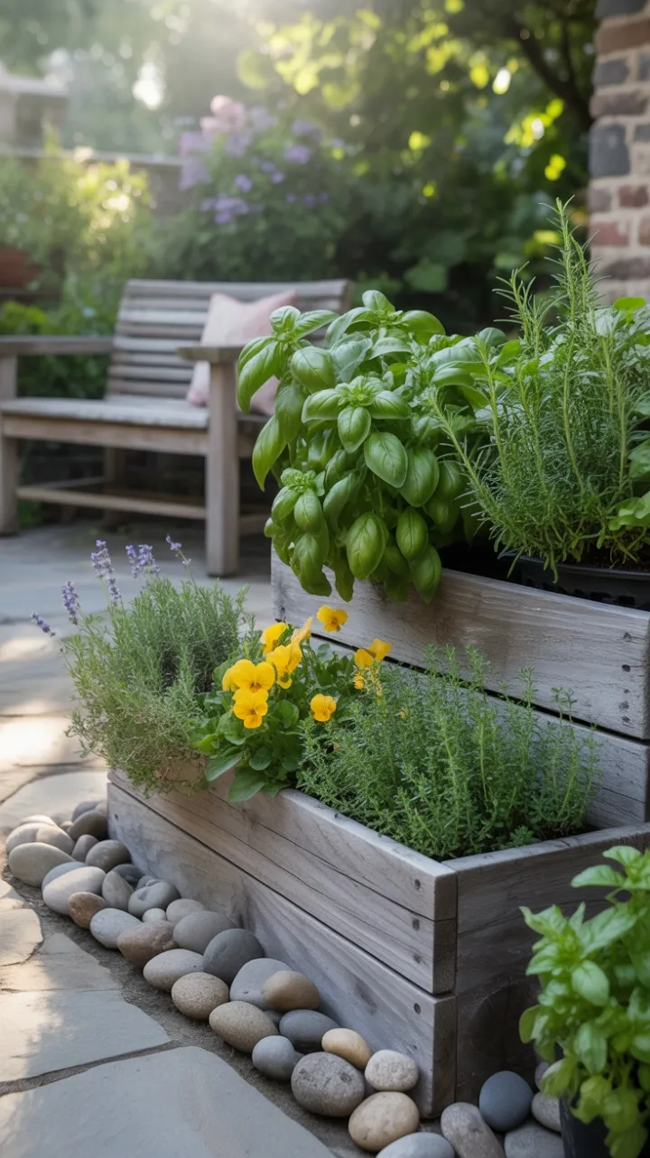 Sunlit Stone Patio Brimming with Basil, Rosemary and Lavender