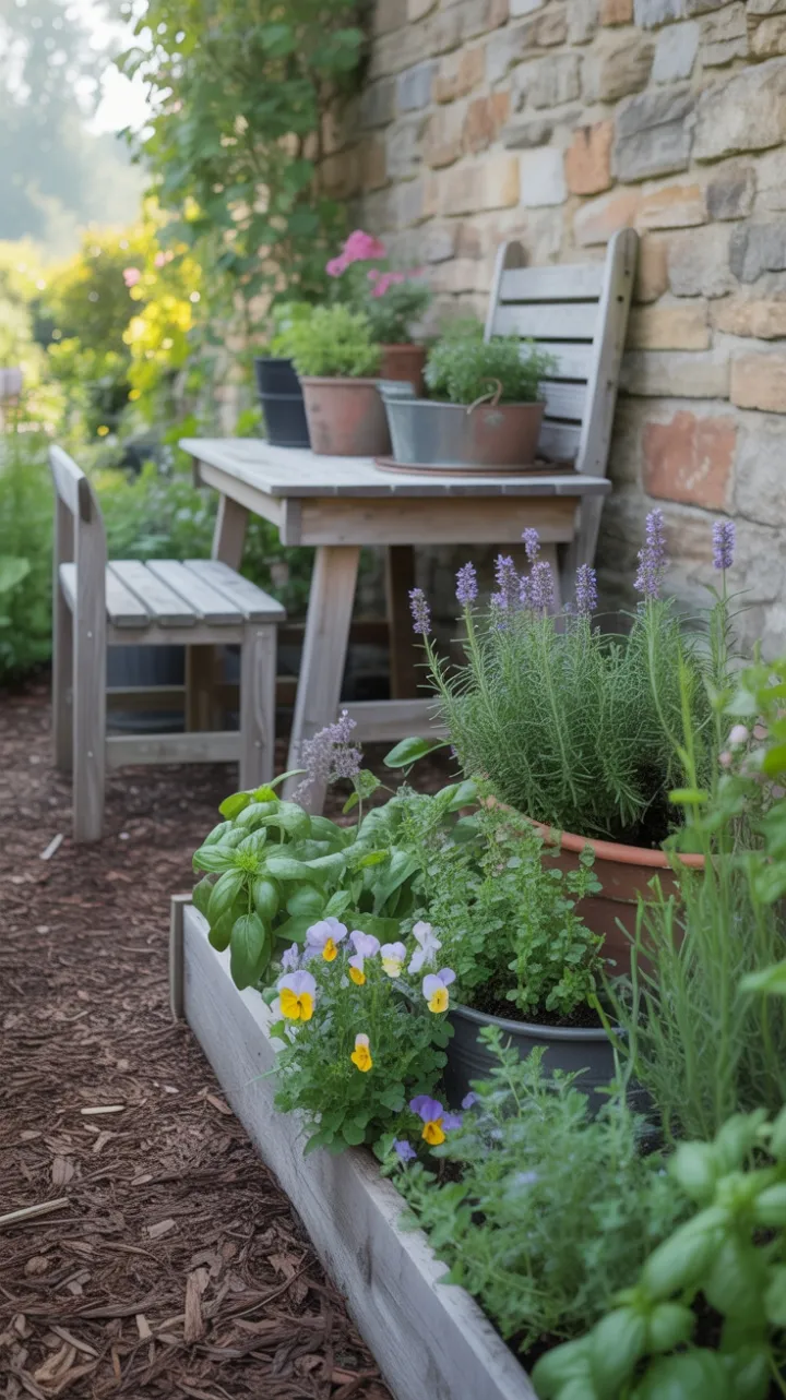Sunlit Rustic Herb Garden Beside a Weathered Stone Wall