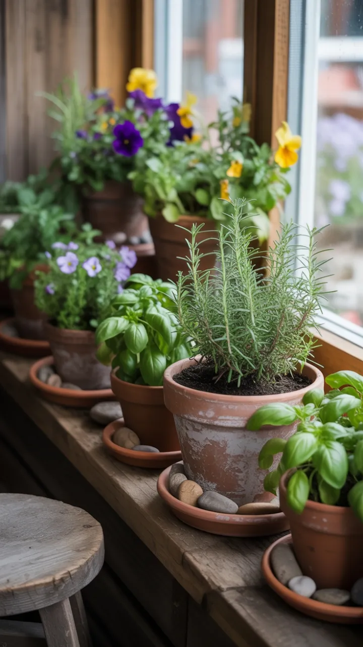 Sunlit Windowsill Herb Garden Overflowing with Life