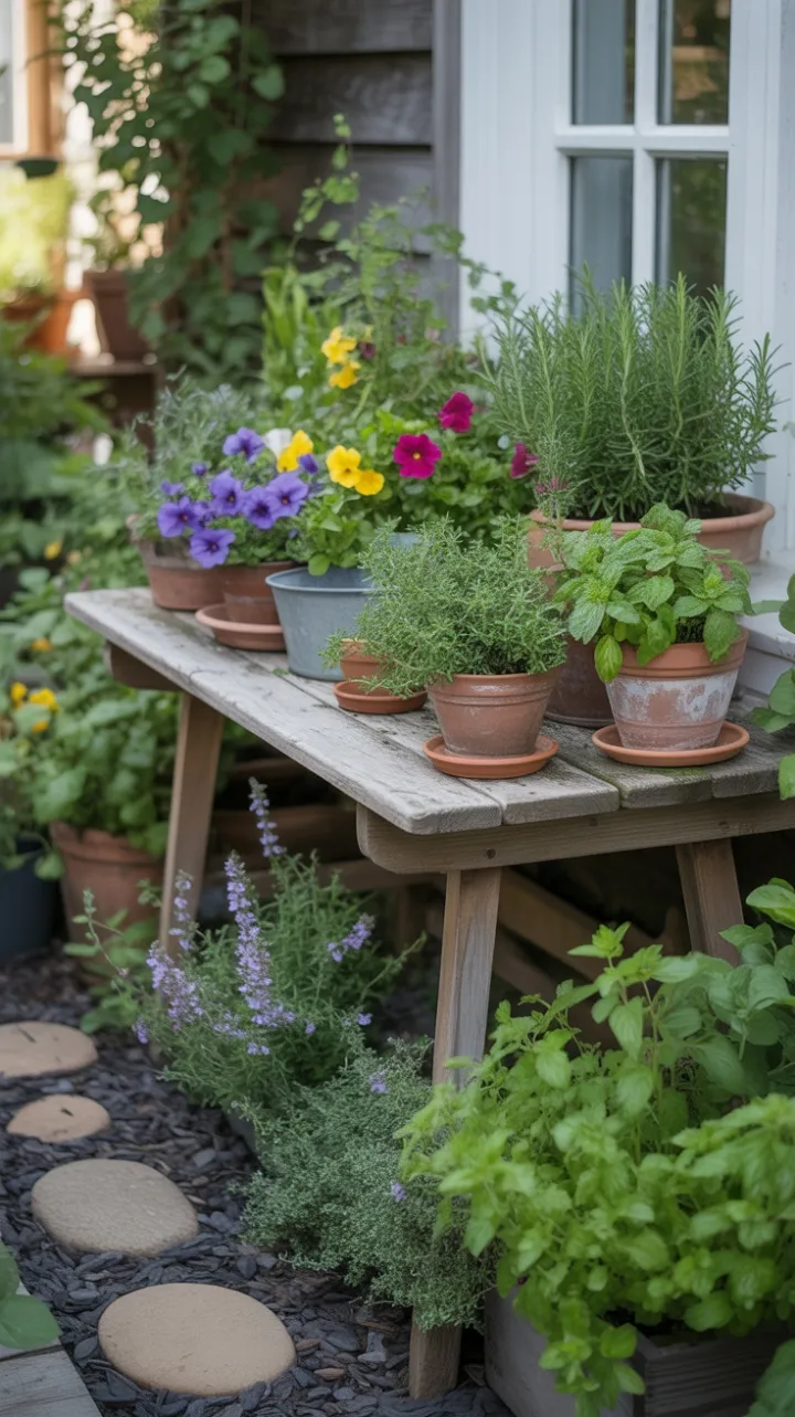 Sunlit Kitchen Herb Garden with Weathered Table and Blooming Pots