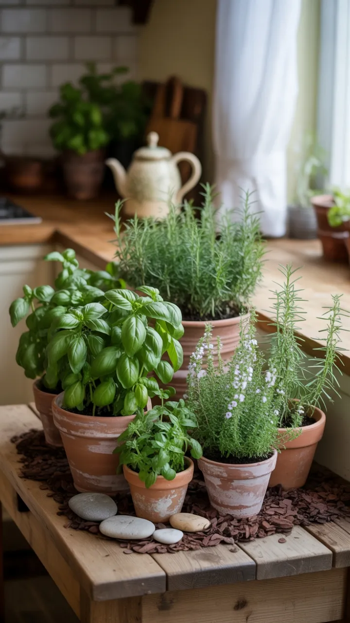 Sunlit Kitchen Herb Garden on a Rustic Table