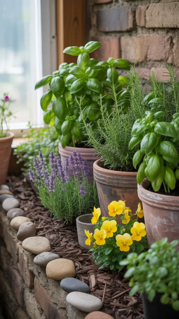 Sunlit Stonewall Herb Garden with Lavender, Basil and Bright Pansies