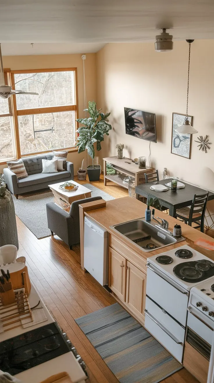 Sunlight streams into this stunning open plan kitchen living room, highlighting the seamless flow between the cozy living area and the well-equipped kitchen.  The home design living room perfectly balances comfort and style, creating the ideal space for both relaxation and entertaining.
