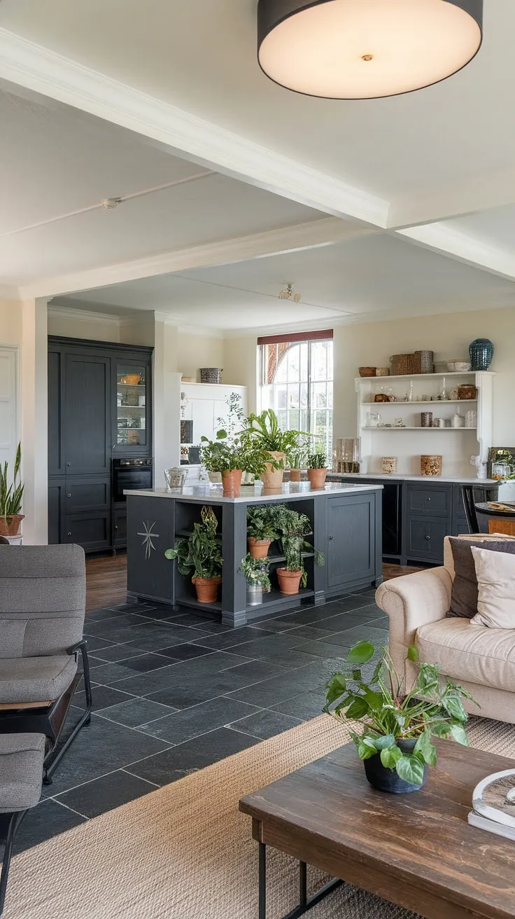 Seamless style defines this open concept kitchen living room, where dark grey accents and pops of greenery create a sophisticated yet inviting atmosphere. The open plan kitchen living room flows effortlessly, showcasing a thoughtful home design living room arrangement.