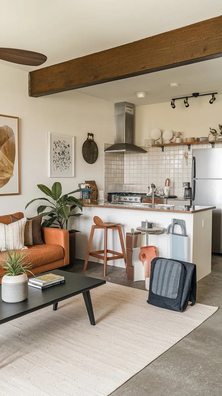 This open plan kitchen living room seamlessly blends comfort and functionality. The exposed wooden beam adds character to the airy space, while the home design living room elements create a welcoming atmosphere.  The open kitchen and living room design maximizes space and natural light, making it the perfect heart of the home.
