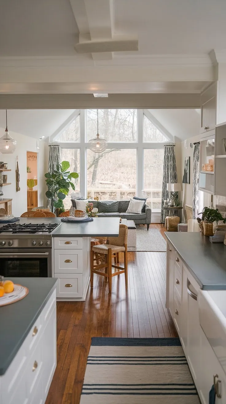 Where modern design meets effortless living. This open plan kitchen living room seamlessly blends culinary creativity with comfortable relaxation, creating the perfect space for both entertaining and unwinding. The expansive window offers a breathtaking view, completing this stunning home design living room.